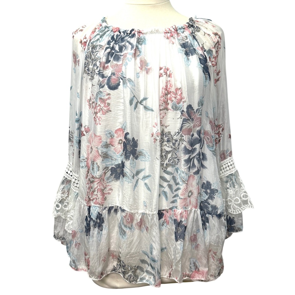 Belle France Silk Floral Boho Blouse XL Bell Sleeve Lace Boho Fairy Cottagecore